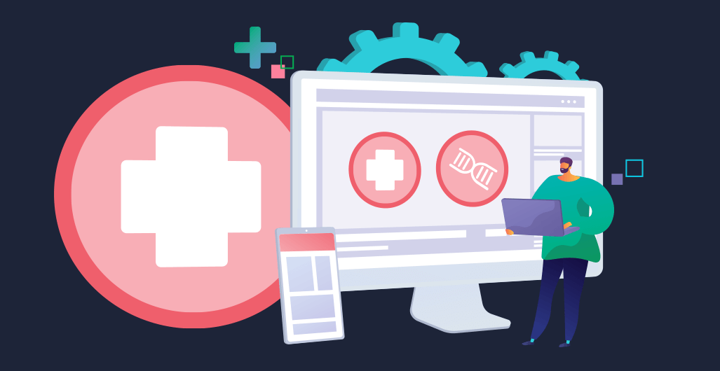 An illustration with a figure examining a healthcare website