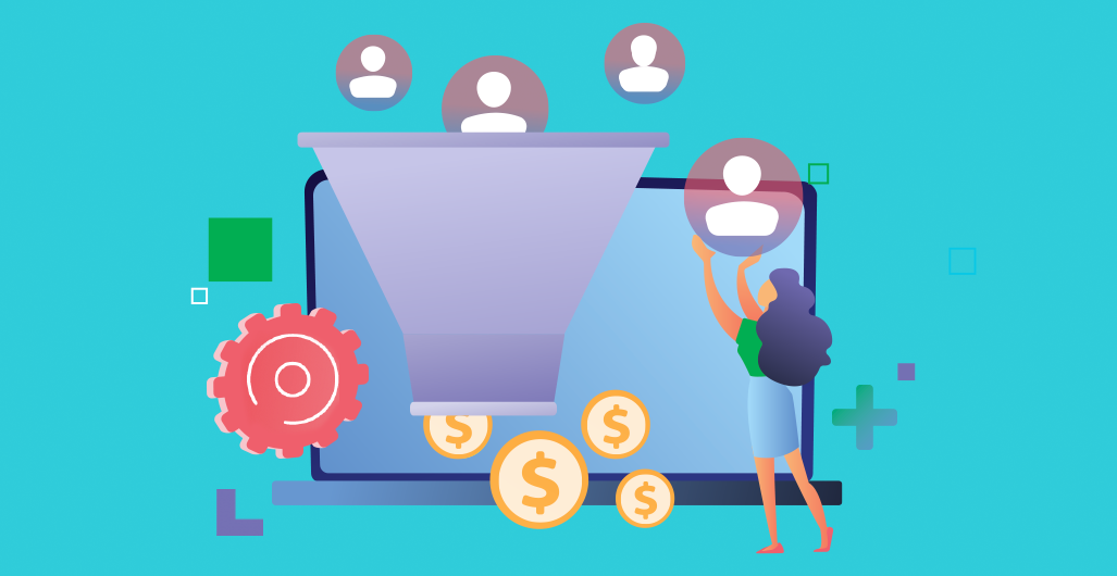 An illustration with a woman putting users into a marketing funnel with coins coming out the other end