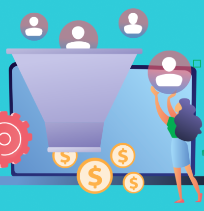 An illustration with a woman putting users into a marketing funnel with coins coming out the other end