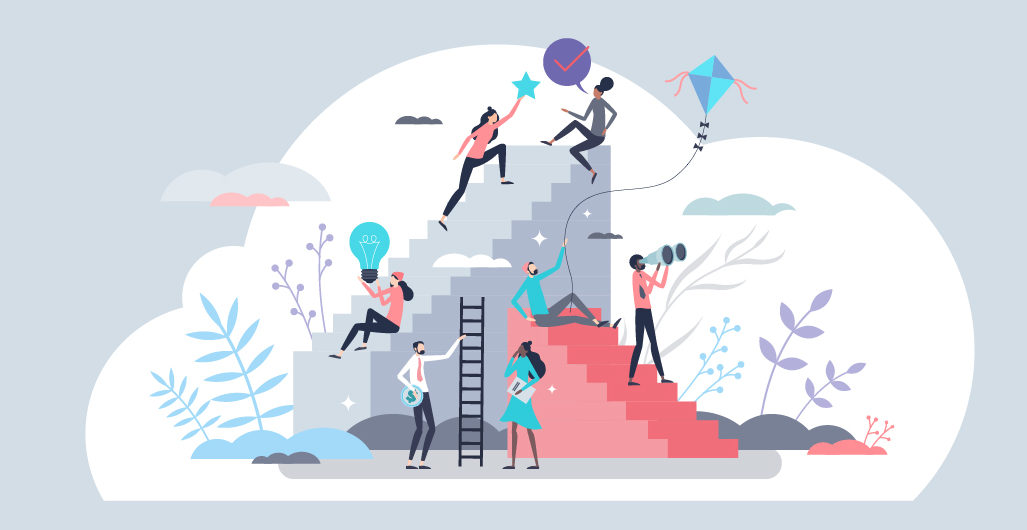 A conceptual image of people climbing stairs to achieve their goals.