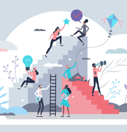 A conceptual image of people climbing stairs to achieve their goals.