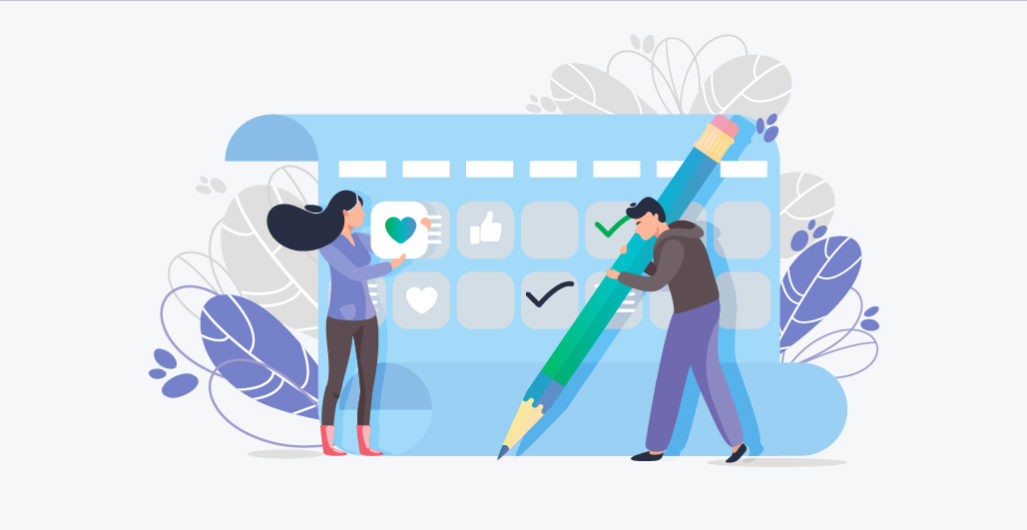 An illustration of a woman and a man completing a life-sized checklist