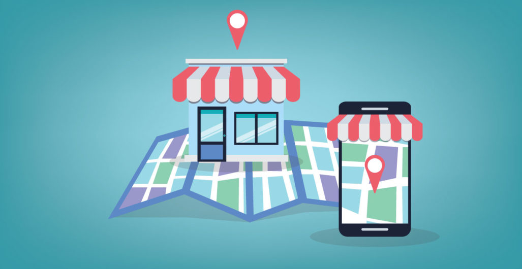 Illustration of a folded, paper map with a local shop in the center symbolizing being found through local SEO.