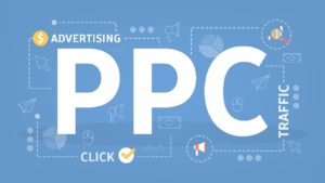 An illustrated graphic of large letters reading PPC, and the terms click, traffic, and advertising.