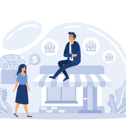 Illustration of a franchise owner sitting on his shop and thinking while a potential franchisee approaches.