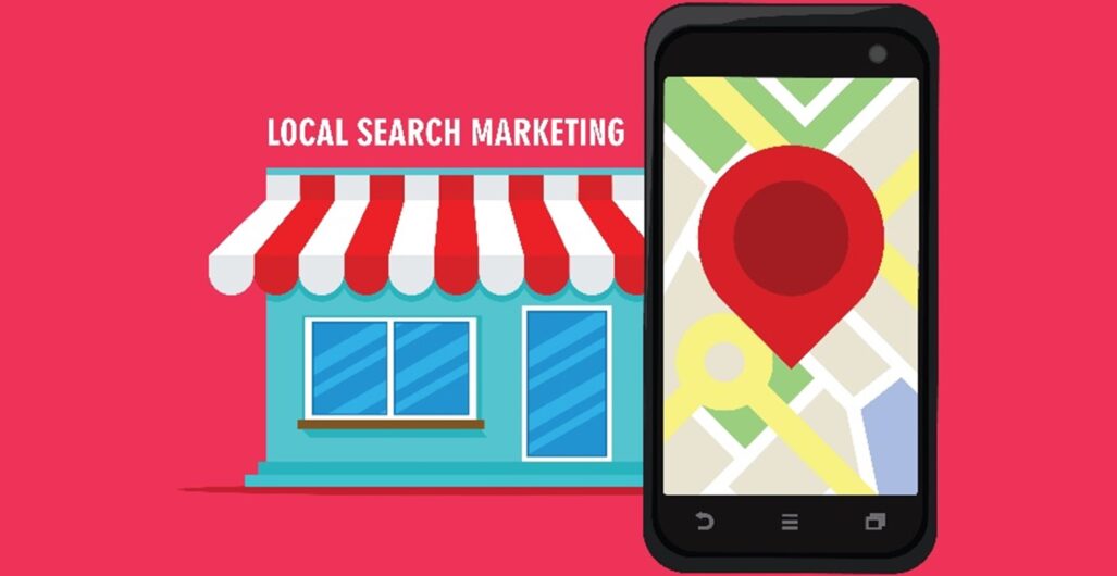 Animation of a storefront with “Local Search Marketing” above and a phone with a pin on a location all on a red background