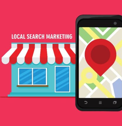 Animation of a storefront with “Local Search Marketing” above and a phone with a pin on a location all on a red background