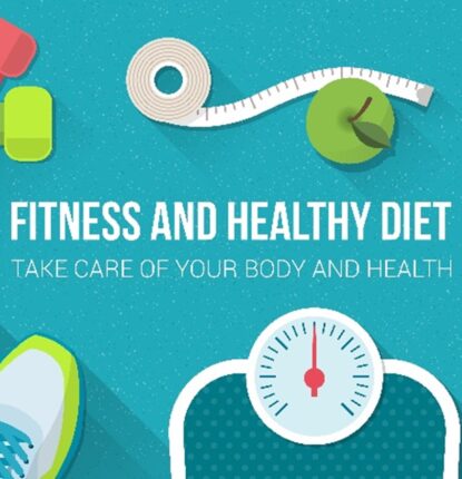 Animation of health and exercise-related icons, “Fitness and Healthy Diet,” “Take Care of Your Body and Health” in the middle