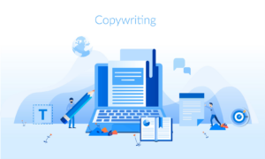 Conceptual image of a blue lap top with the words copywriting at the top and two copywriters pushing their ideas towards the laptop.