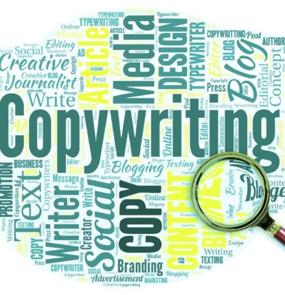 A cloud of words with “Copywriting” in the middle and a magnifying glass next to it.
