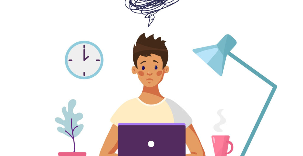 Illustration of a Man Sitting at a Laptop with a Confused Expression and an Angrily Squiggled Thought Bubble Above His Head