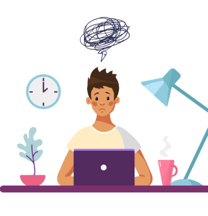 Illustration of a Man Sitting at a Laptop with a Confused Expression and an Angrily Squiggled Thought Bubble Above His Head