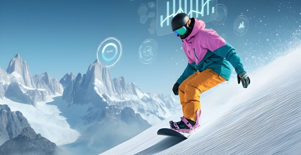 A snowboarder going down a mountain surrounded by symbols for PPC advertising.