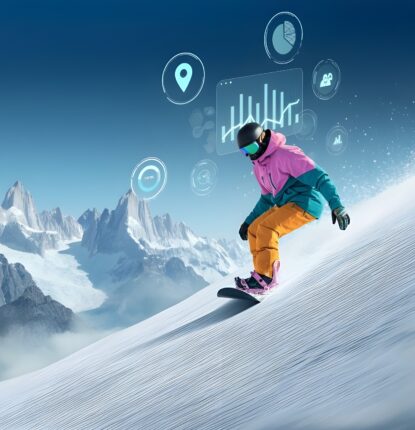 A snowboarder going down a mountain surrounded by symbols for PPC advertising.