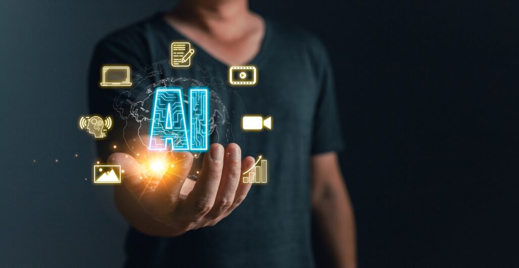 A person wearing a v-neck shirt, extending their hand with “AI” floating, surrounded by different digital marketing icons.