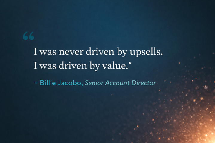 Quote from Senior Account Director Billie Jacobo with a spark of light in the corner.