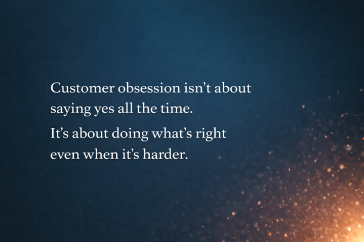 A blue background with words describing what it means to be customer obsessed with a spark of light in the corner.