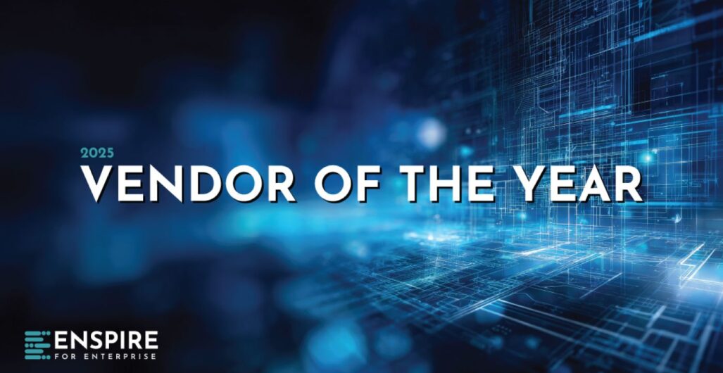 2025 Vendor of the Year over a background with digital technical imagery.