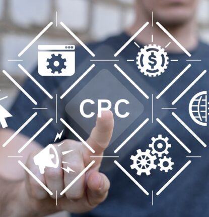 A hand with the pointer finger extended to touch the letters CPC in an icon surrounded by other icons about paid search.