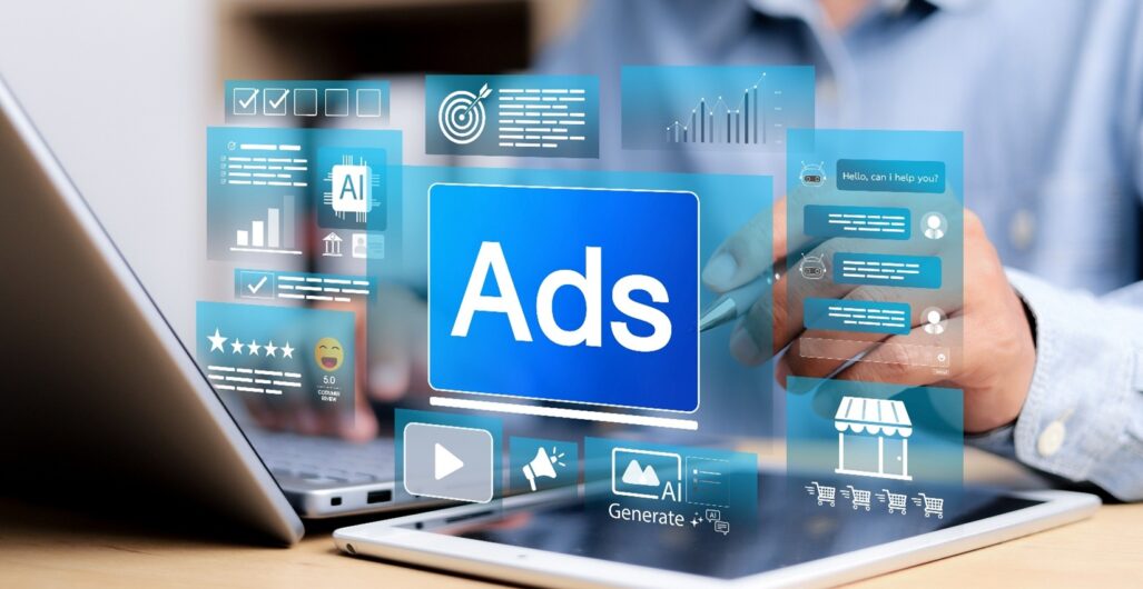 Digital advertising interface on laptop with AI-generated content, analytics charts, chatbot, and customer reviews. Concept of online marketing automation and targeting.