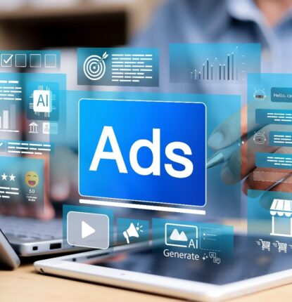 Digital advertising interface on laptop with AI-generated content, analytics charts, chatbot, and customer reviews. Concept of online marketing automation and targeting.