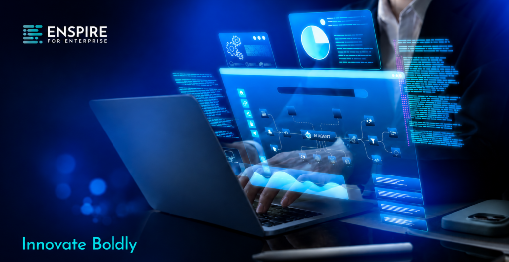 Enspire for Enterprise Innovate Boldly graphic featuring a professional using a laptop with AI agent dashboards and digital data interfaces.