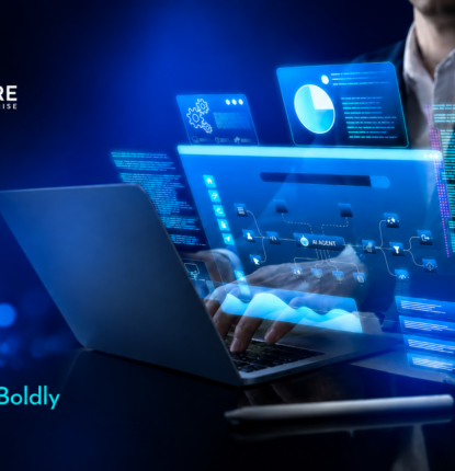 Enspire for Enterprise Innovate Boldly graphic featuring a professional using a laptop with AI agent dashboards and digital data interfaces.